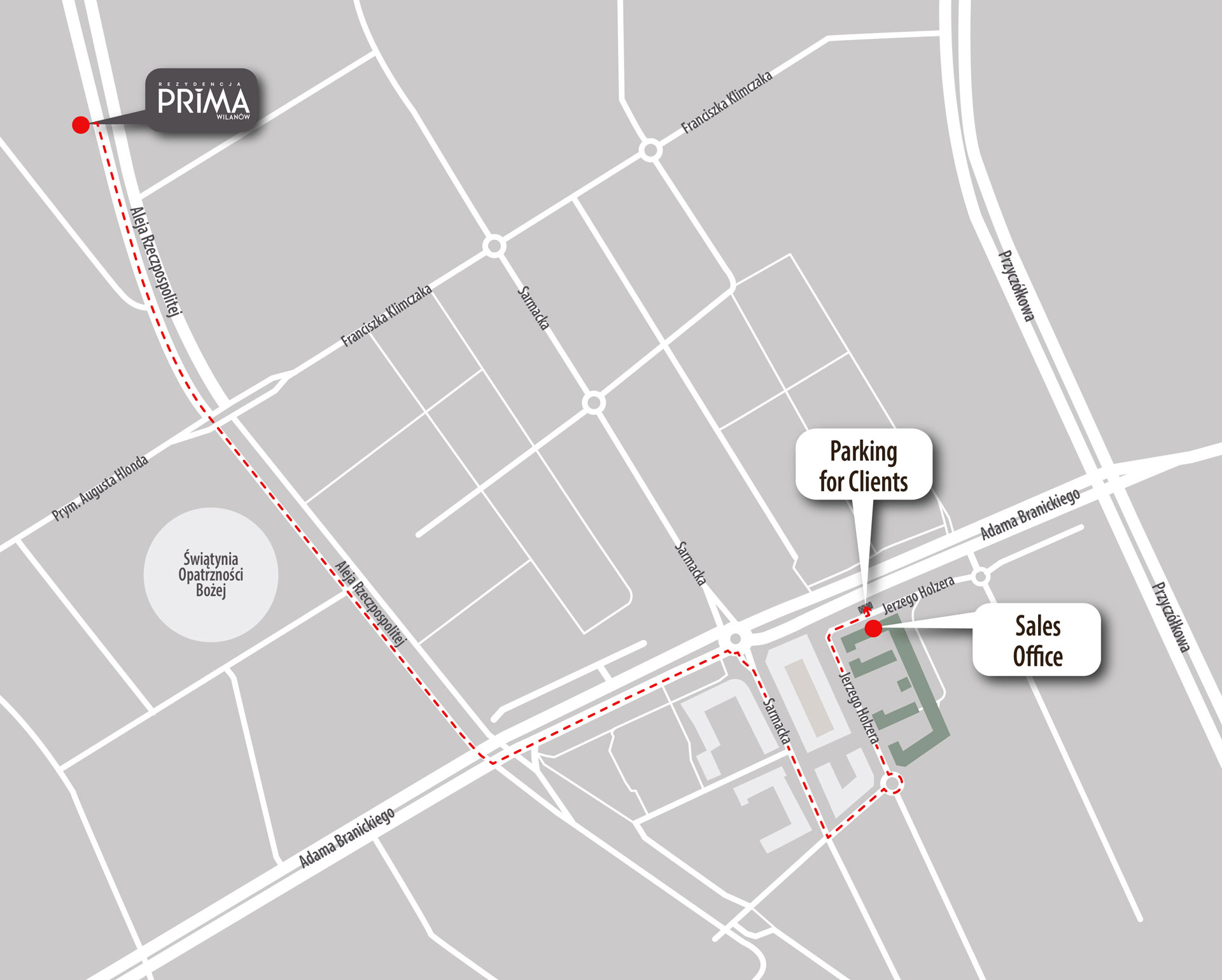 Mapa dojazdowa do parkingu dla Klientów biura sprzedaży Rezydencja Prima Wilanów, Warszawa.