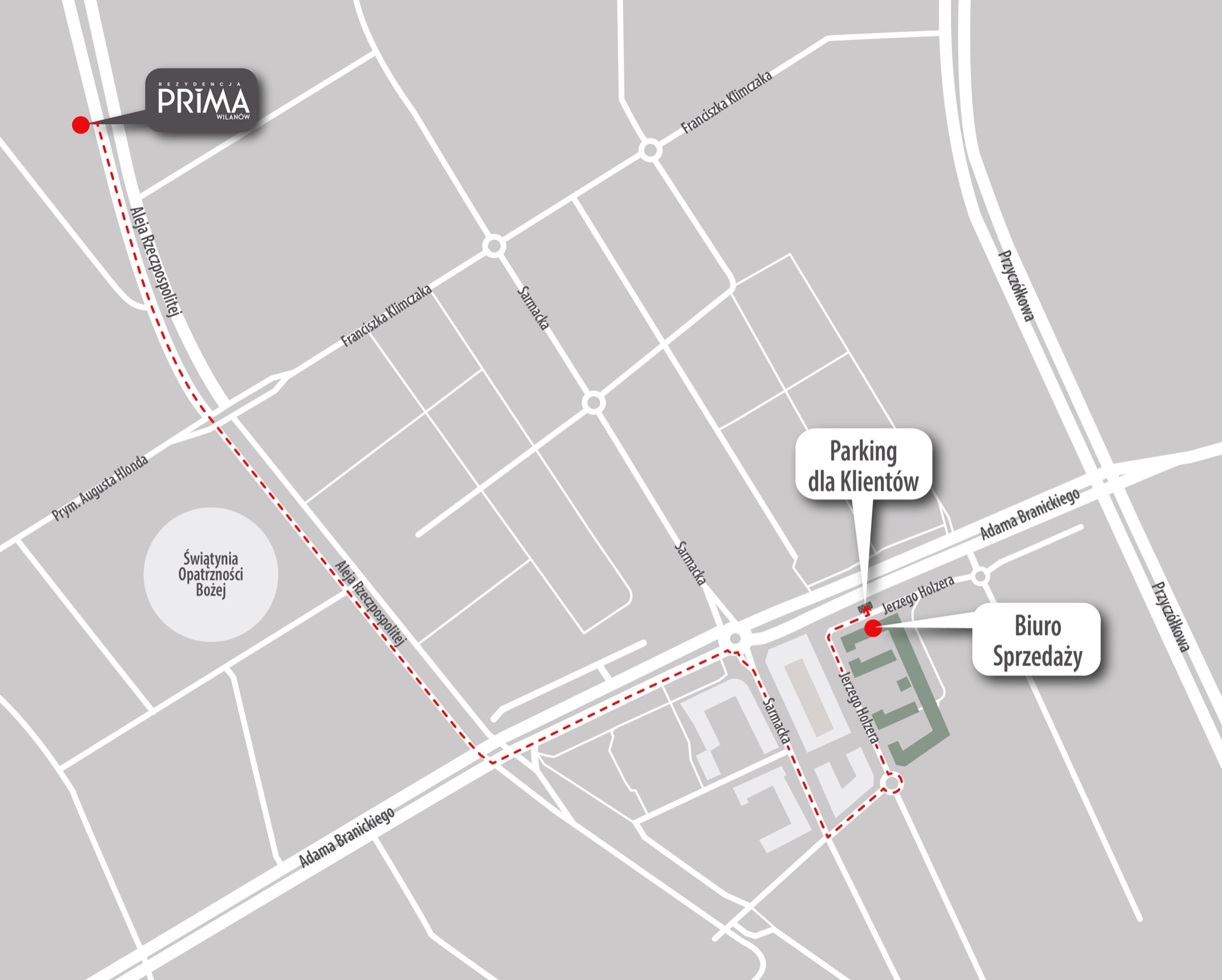 Mapa dojazdowa do parkingu dla Klientów biura sprzedaży Rezydencja Prima Wilanów, Warszawa.